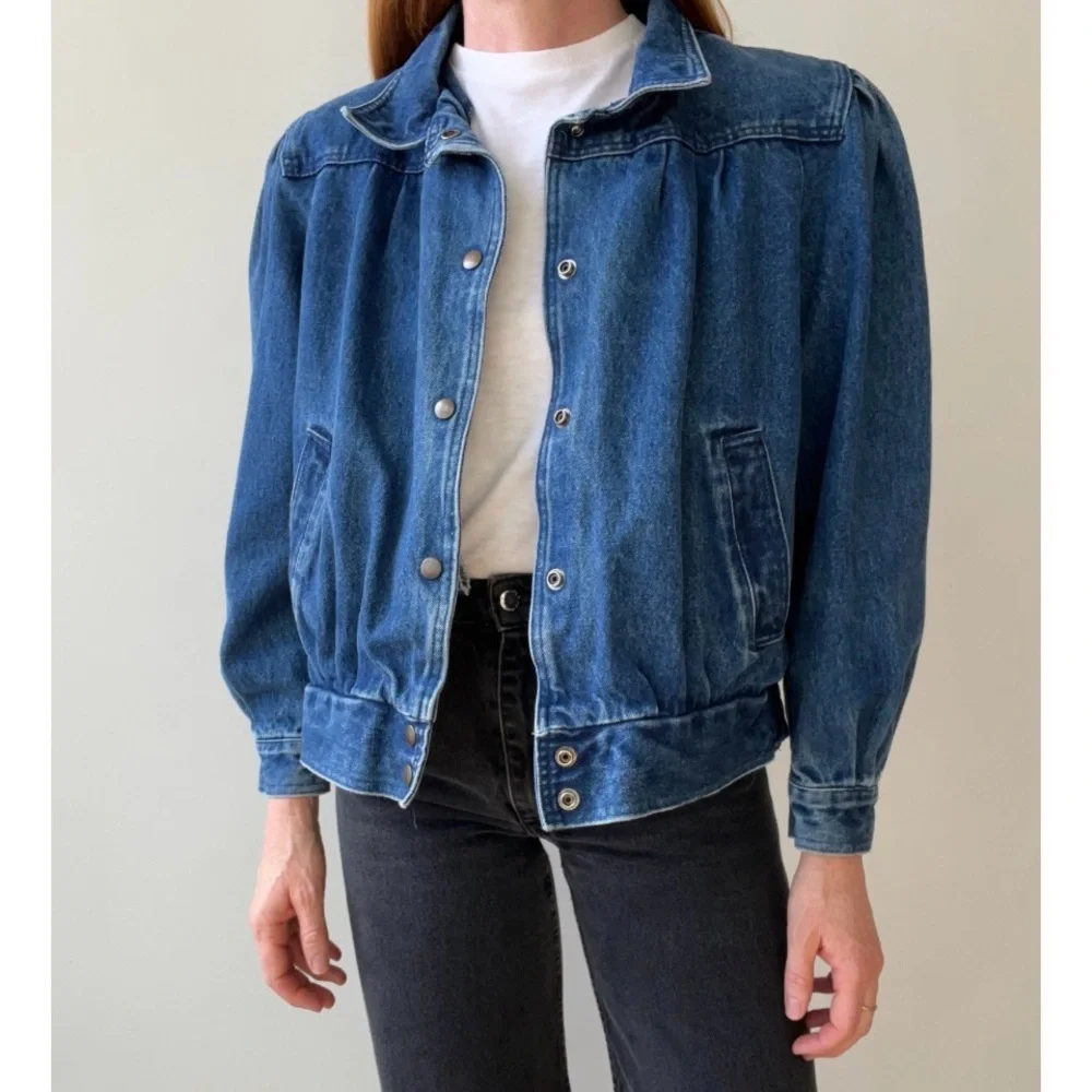 Vintage Dark Blue Bomber Jean Jacket Size Medium Stranger Things Puff Shoulder - Picture 2 of 9